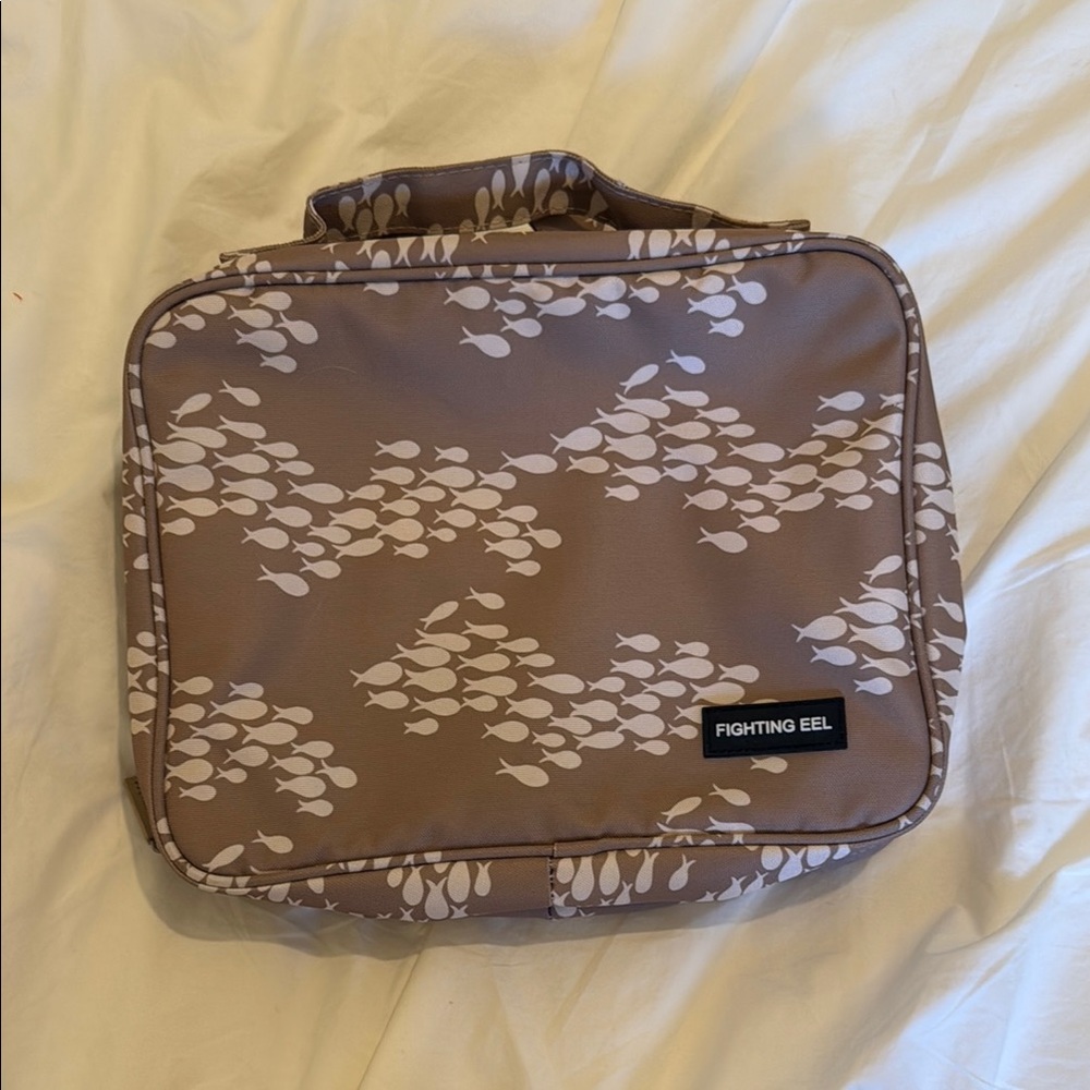 Fighting Eel Brown and White Toiletry Bag with Fish Design